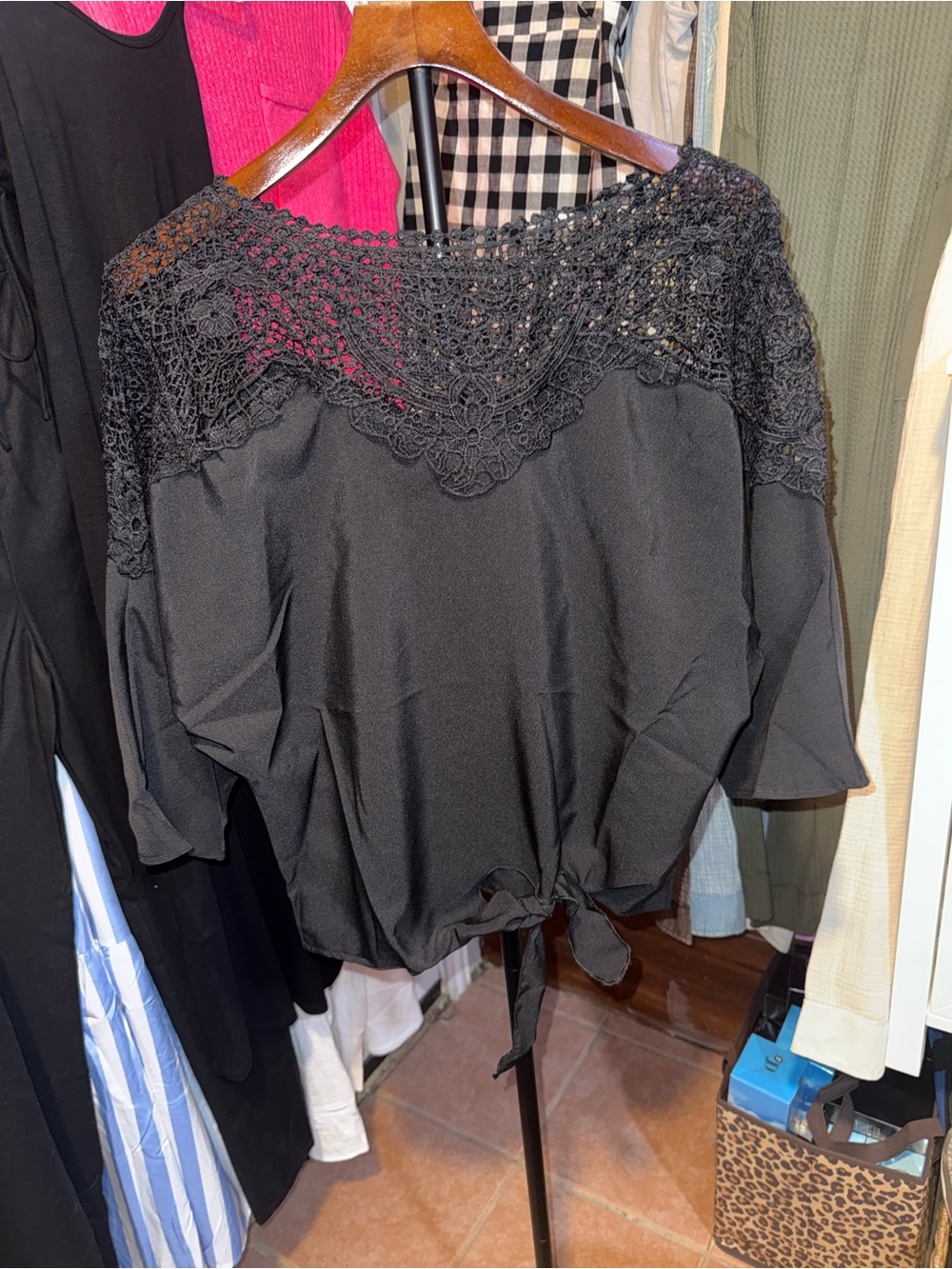Women's Black Crochet Yoke Blouse with Tie Hem
